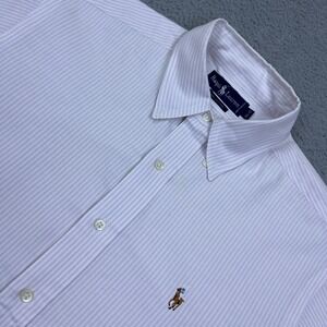 Ralph Lauren Knit Button Up Shirt Mens 16.5 Pink‎ Pinstripe Flesh Pony Collared